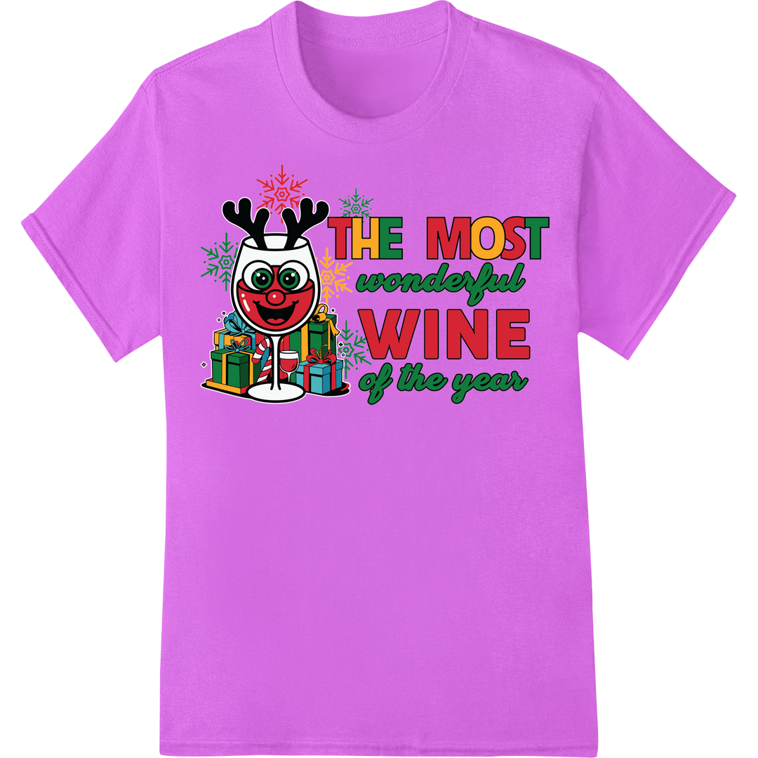 Festive Christmas Wine Reindeer DTF Heat Transfer Design on purple shirt - SUPERDTF-DTF Prints-DTF Transfers-Custom DTF Prints