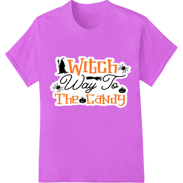 A Halloween-themed DTF print design featuring a witch on a broomstick with the text 'Witch Way To The Candy'