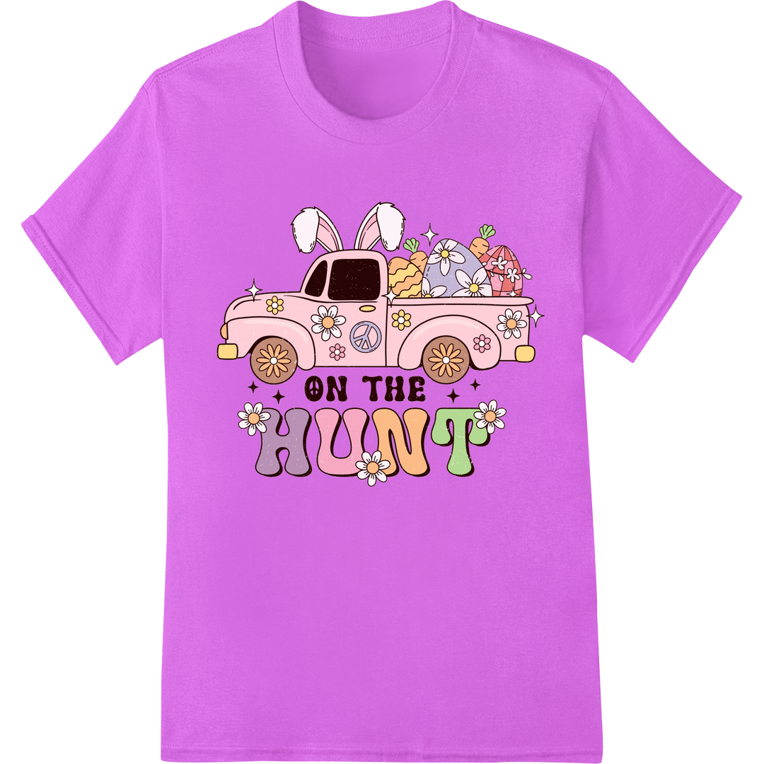 Groovy Easter Bunny Truck Heat Transfer - ON THE HUNT on purple shirt - SUPERDTF-DTF Prints-DTF Transfers-Custom DTF Prints