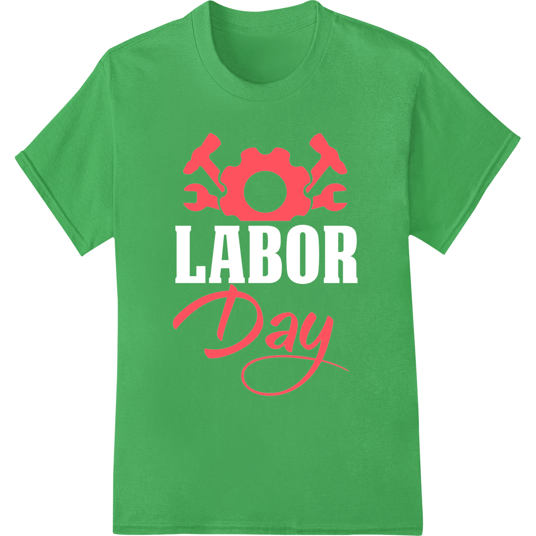 Vibrant Labor Day Wrench & Hammer DTF Print Heat Transfer on green shirt - SUPERDTF-DTF Prints-DTF Transfers-Custom DTF Prints