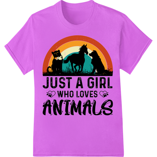 Retro Rainbow Girl & Horse: Animal Lover's Dream DTF Print on purple shirt - SUPERDTF-DTF Prints-DTF Transfers-Custom DTF Prints