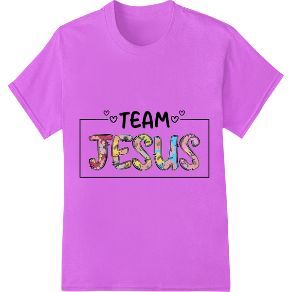 Vibrant 'TEAM JESUS' DTF Print Heat Transfer | Bold Faith on purple shirt - SUPERDTF-DTF Prints-DTF Transfers-Custom DTF Prints