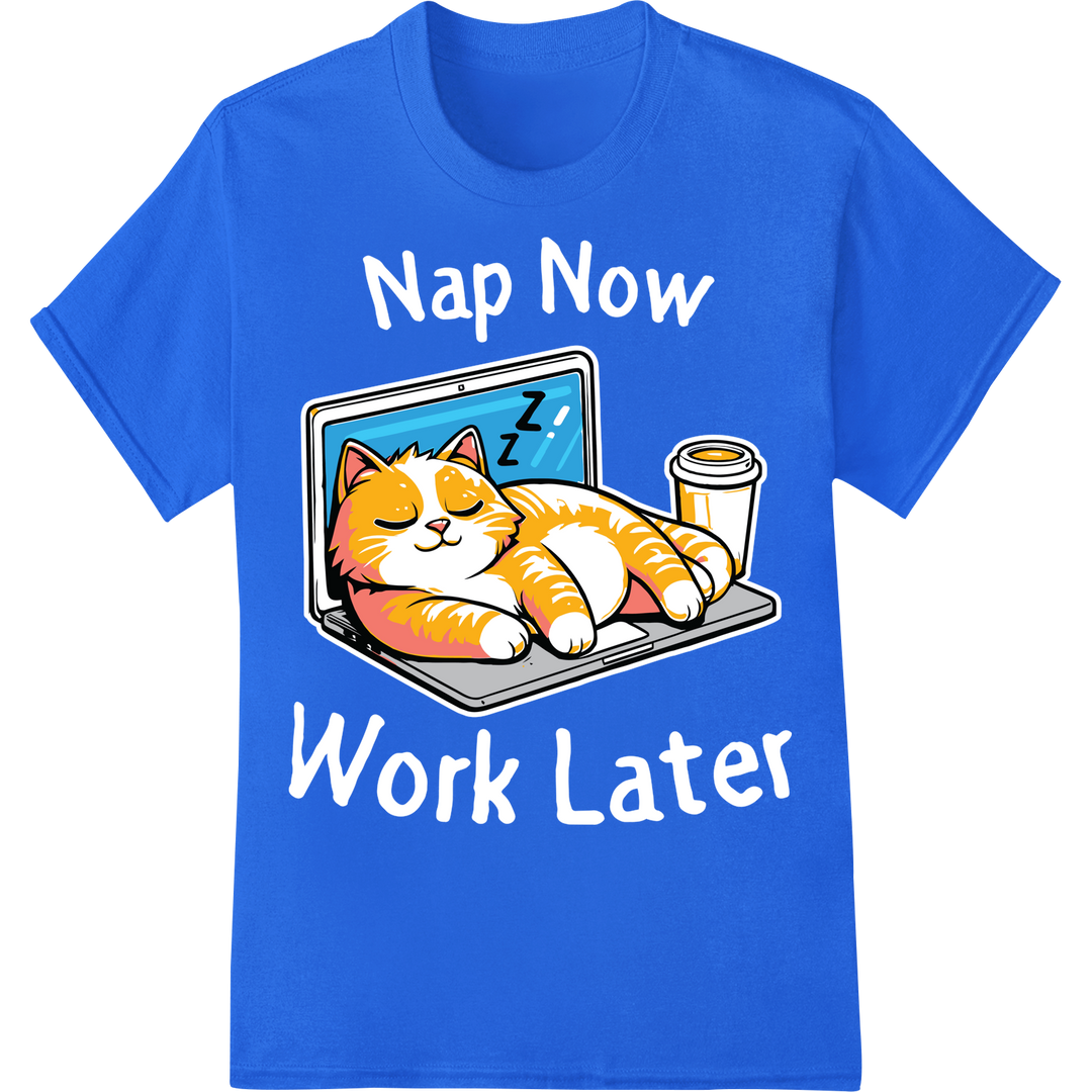 Sleepy Kitty Catnap - Cute Cat DTF Print Heat Transfer on blue shirt - SUPERDTF-DTF Prints-DTF Transfers-Custom DTF Prints