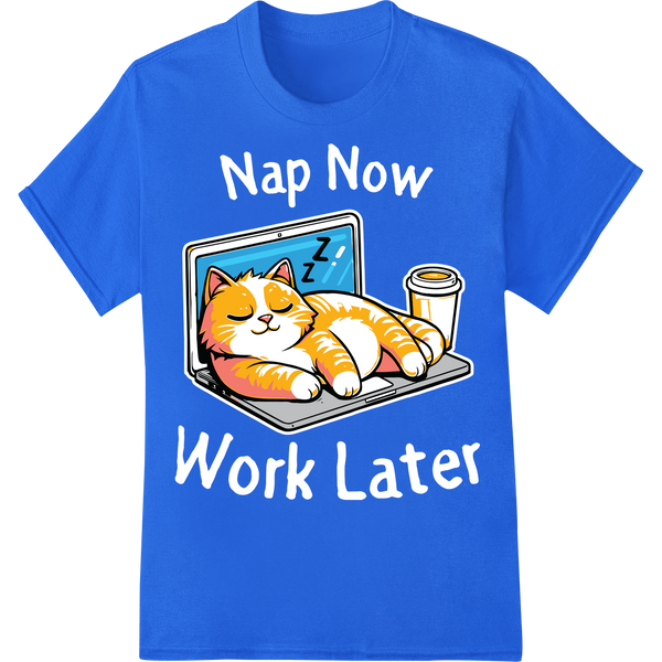 Sleepy Kitty Catnap - Cute Cat DTF Print Heat Transfer on blue shirt - SUPERDTF-DTF Prints-DTF Transfers-Custom DTF Prints