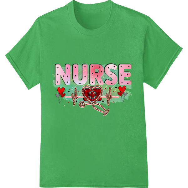 Heartfelt NURSE Valentine's DTF Print Heat Transfer on green shirt - SUPERDTF-DTF Prints-DTF Transfers-Custom DTF Prints