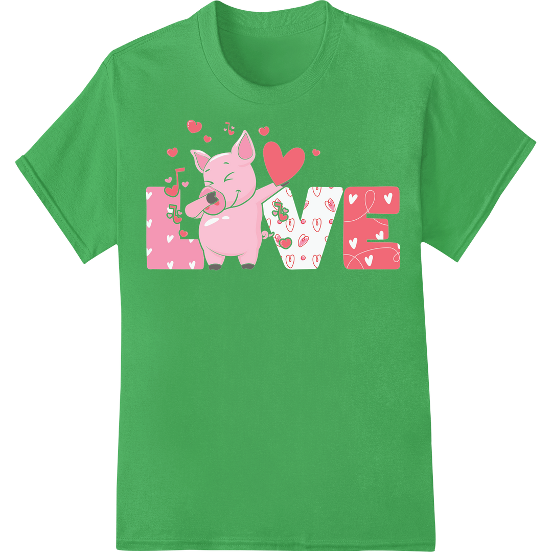 Adorable Valentine's Day Pig & Hearts DTF Print Transfer on green shirt - SUPERDTF-DTF Prints-DTF Transfers-Custom DTF Prints