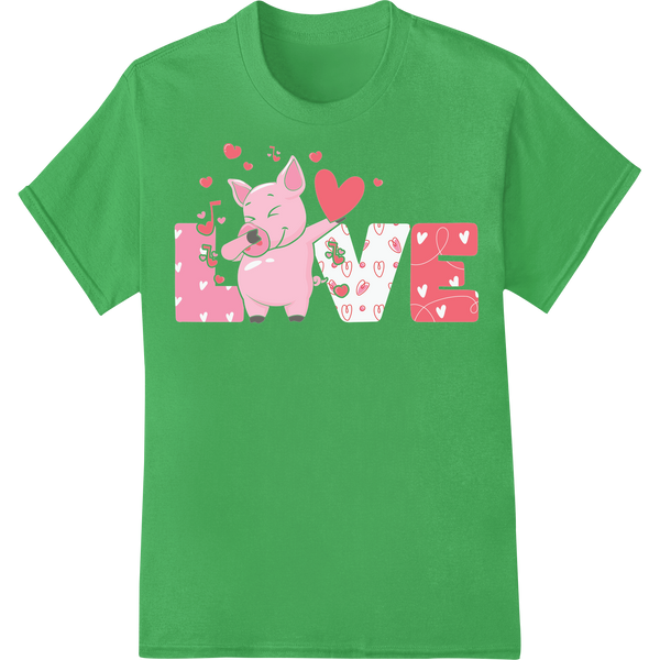 Adorable Valentine's Day Pig & Hearts DTF Print Transfer on green shirt - SUPERDTF-DTF Prints-DTF Transfers-Custom DTF Prints