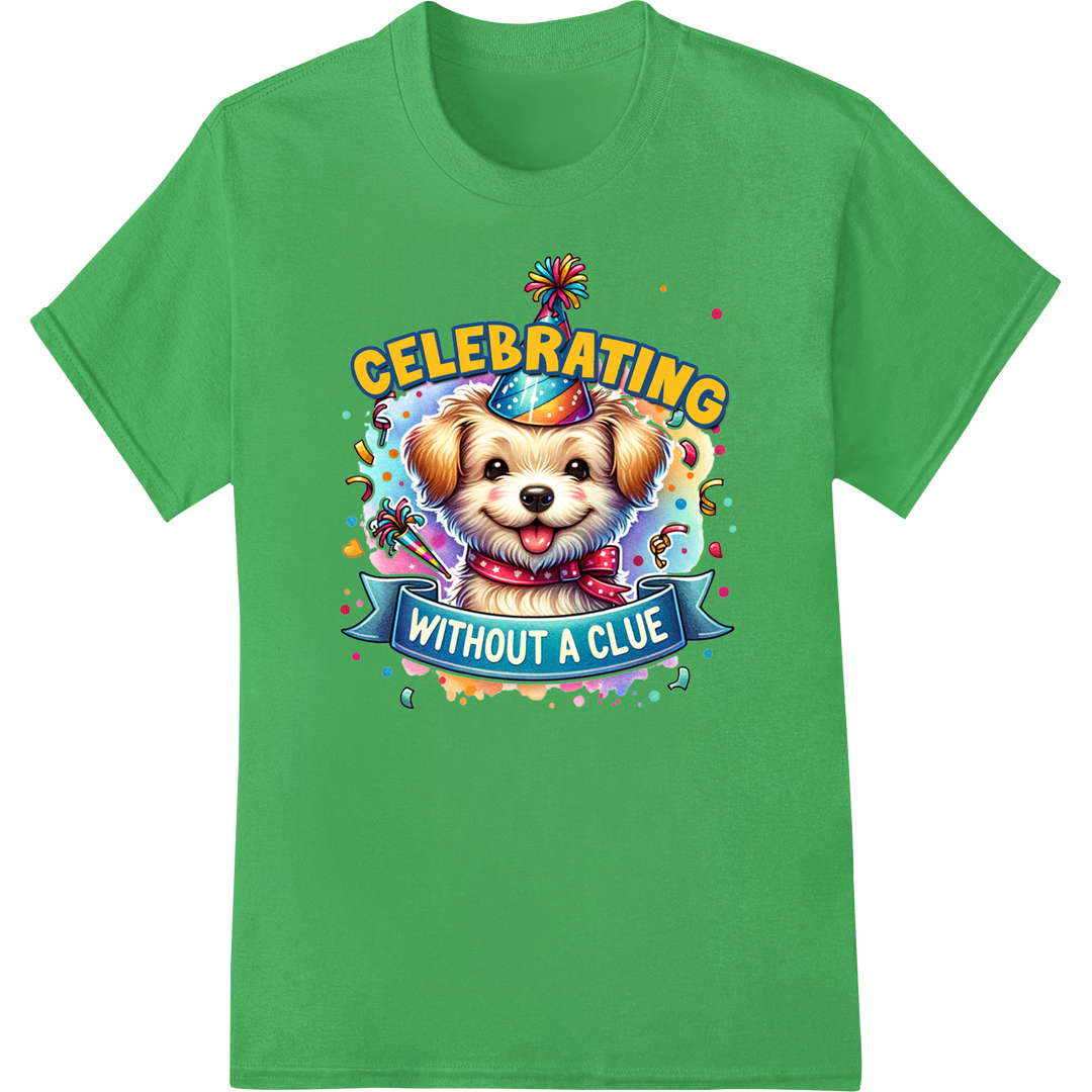 Adorable Dog Ready to Party - Humorous DTF Transfer Print on green shirt - SUPERDTF-DTF Prints-DTF Transfers-Custom DTF Prints