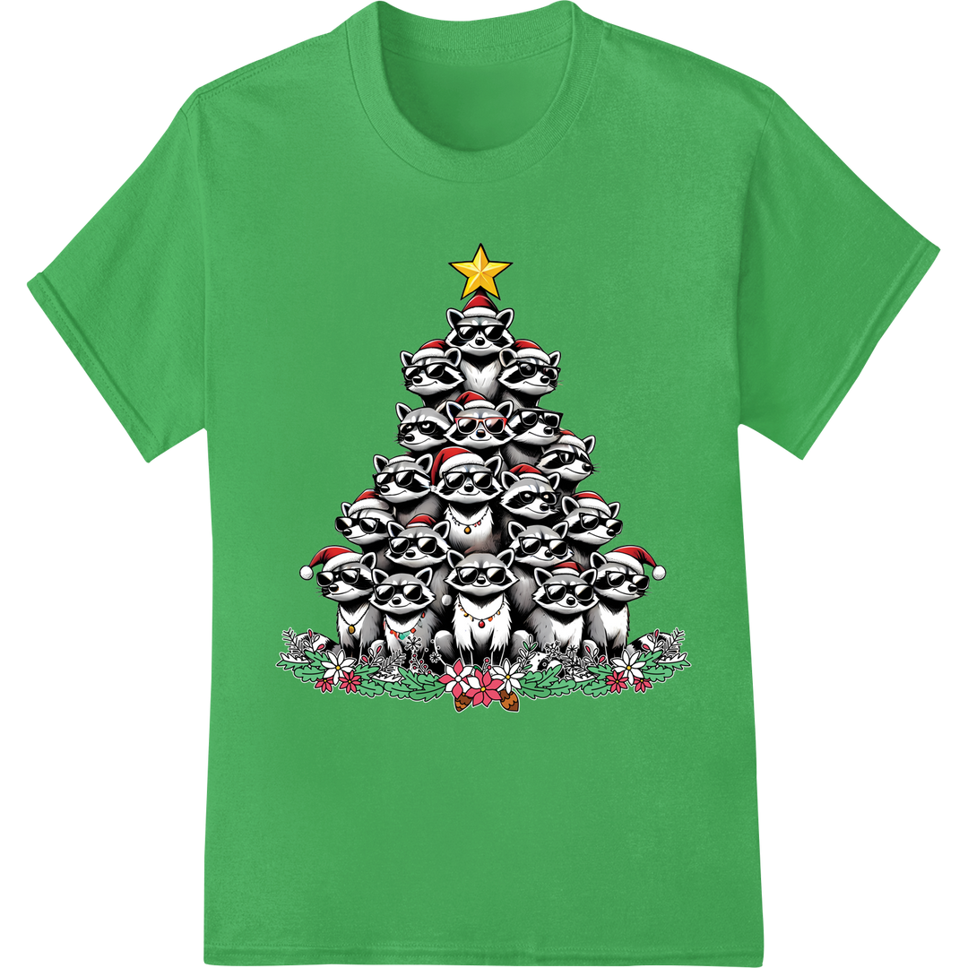 Hilarious Raccoon Christmas Tree DTF Print Transfer on green shirt - SUPERDTF-DTF Prints-DTF Transfers-Custom DTF Prints