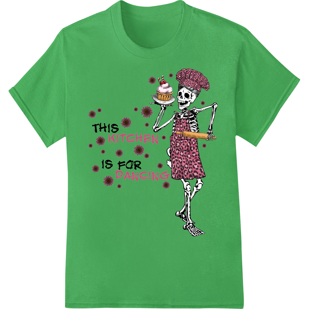 Sassy Skeleton Chef: Kitchen Dance Party Halloween Print on green shirt - SUPERDTF-DTF Prints-DTF Transfers-Custom DTF Prints