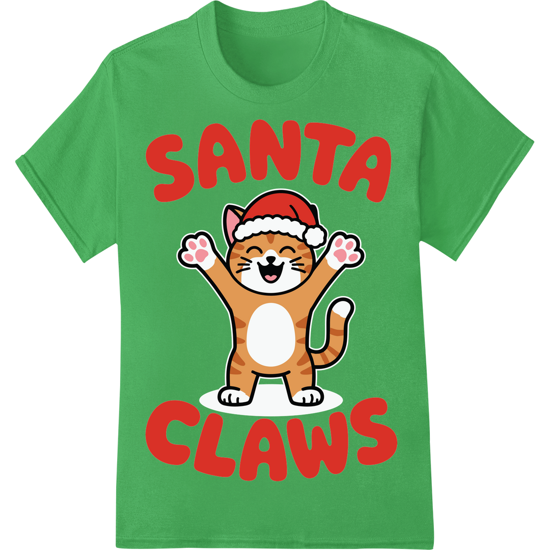 Feline Festive: Santa Claws DTF Print Heat Transfer on green shirt - SUPERDTF-DTF Prints-DTF Transfers-Custom DTF Prints