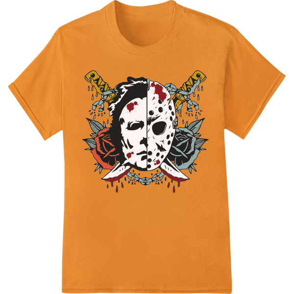 Haunting Split Skull Mask: Unleash Your Dark Side on orange shirt - SUPERDTF-DTF Prints-DTF Transfers-Custom DTF Prints