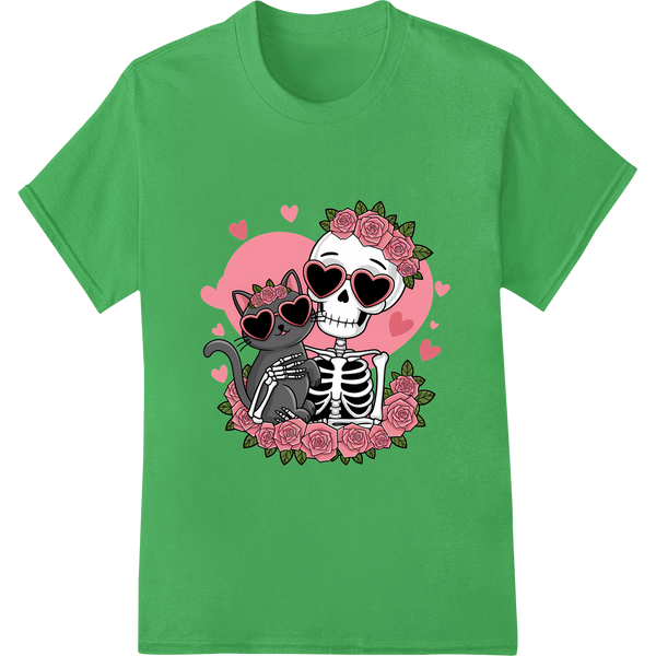 Skeleton Couple's Valentine Embrace - Quirky Love DTF Print on green shirt - SUPERDTF-DTF Prints-DTF Transfers-Custom DTF Prints