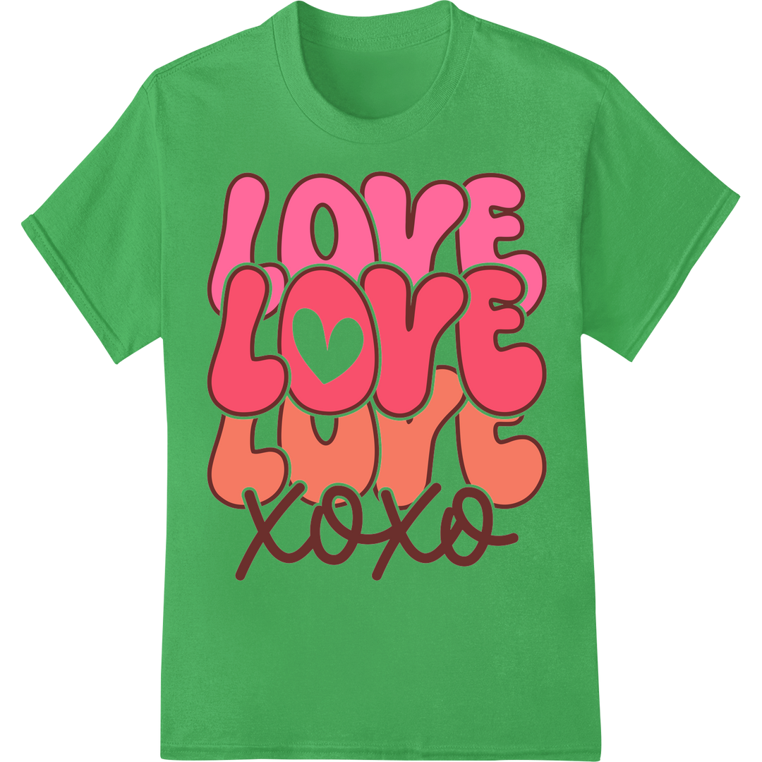 Spread Love with Our Romantic 'Love Love Love XOXO' DTF Print on green shirt - SUPERDTF-DTF Prints-DTF Transfers-Custom DTF Prints