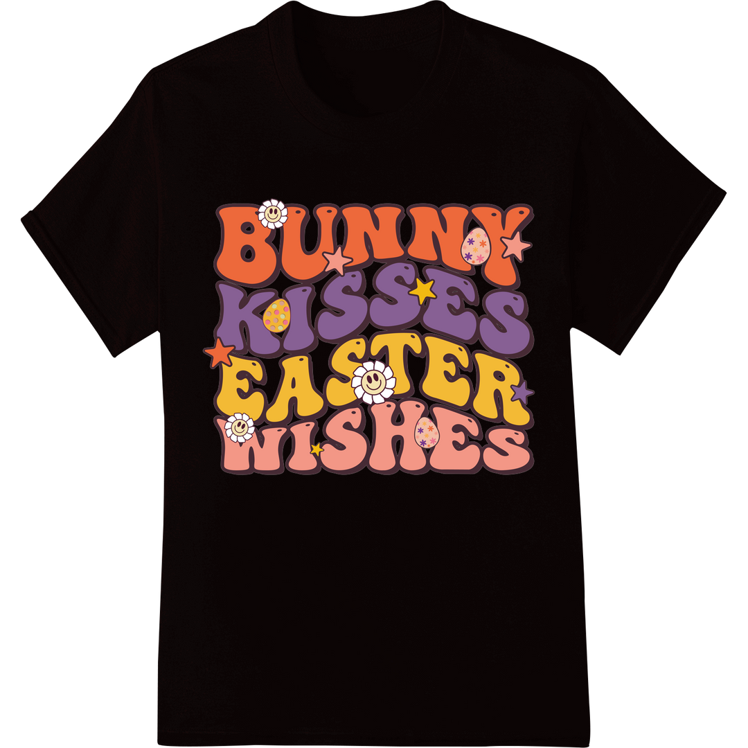 Groovy Easter Wishes: Retro Bunny Kisses Typography Print on black shirt - SUPERDTF-DTF Prints-DTF Transfers-Custom DTF Prints