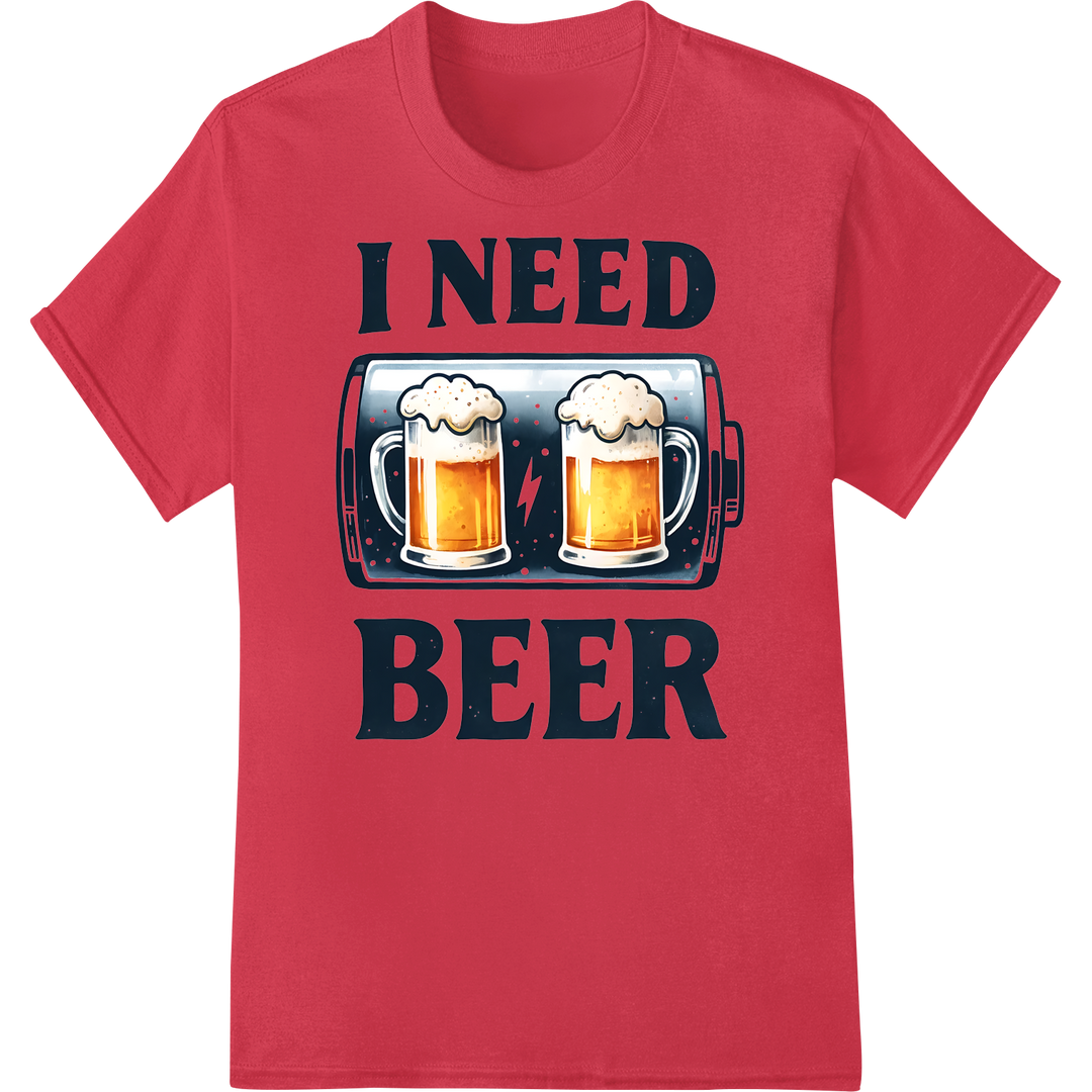 Hilarious 'I NEED BEER' Mustache Mugs DTF Heat Transfer on red shirt - SUPERDTF-DTF Prints-DTF Transfers-Custom DTF Prints