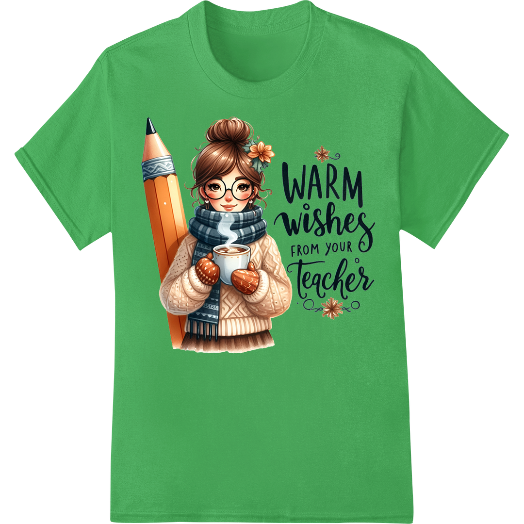 Adorable 'Warm Wishes from Teacher' Christmas DTF Print on green shirt - SUPERDTF-DTF Prints-DTF Transfers-Custom DTF Prints