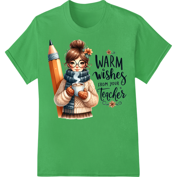 Adorable 'Warm Wishes from Teacher' Christmas DTF Print on green shirt - SUPERDTF-DTF Prints-DTF Transfers-Custom DTF Prints