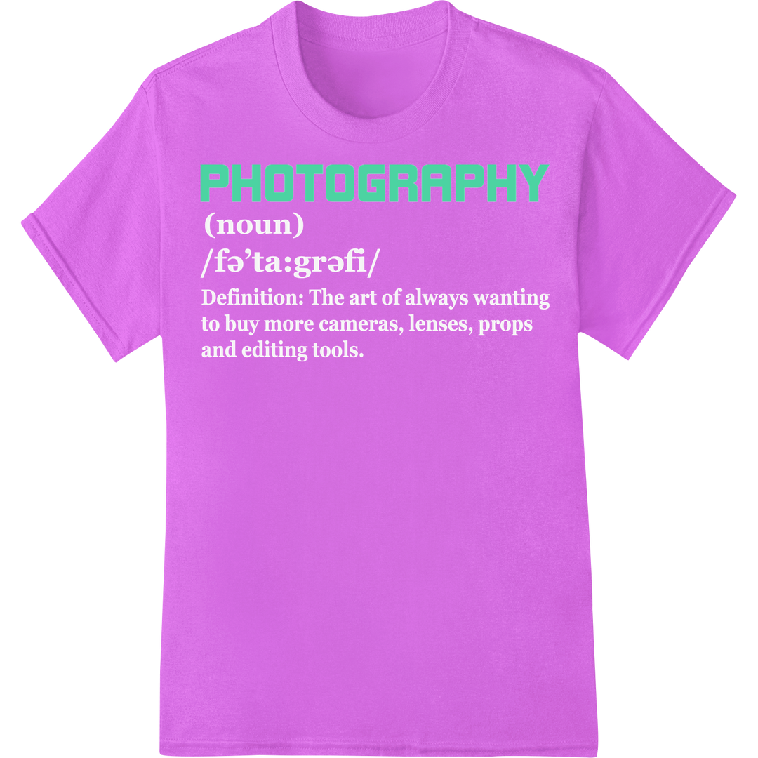 Bold Green 'PHOTOGRAPHY' Typography DTF Print Heat Transfer on purple shirt - SUPERDTF-DTF Prints-DTF Transfers-Custom DTF Prints