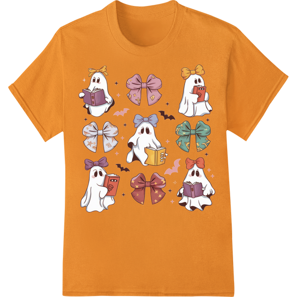 Adorable Bow-Wearing Ghost DTF Print for Halloween Apparel on orange shirt - SUPERDTF-DTF Prints-DTF Transfers-Custom DTF Prints