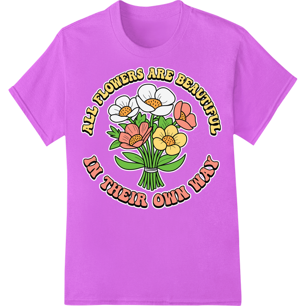 Uplifting 'All Flowers are Beautiful' Mental Health DTF Print on purple shirt - SUPERDTF-DTF Prints-DTF Transfers-Custom DTF Prints