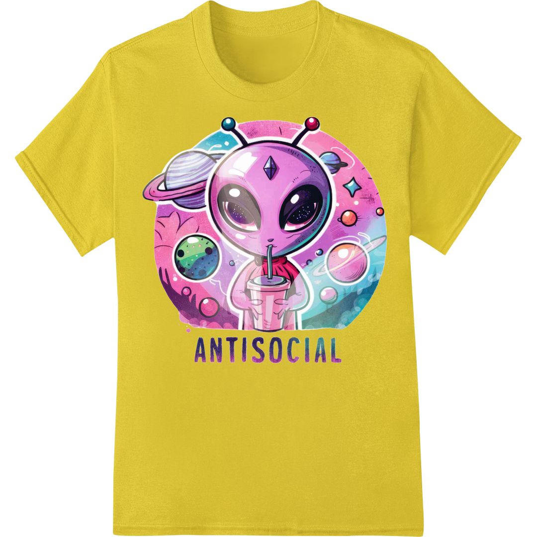 Quirky Antisocial Alien DTF Print Heat Transfer | Galaxy Humor on yellow shirt - SUPERDTF-DTF Prints-DTF Transfers-Custom DTF Prints