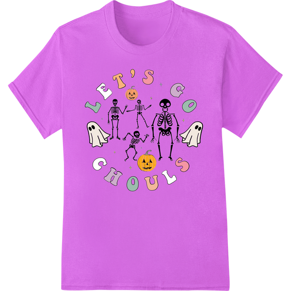 Colorful skeleton design with pumpkins and bats, great for Halloween apparel using DTF printing