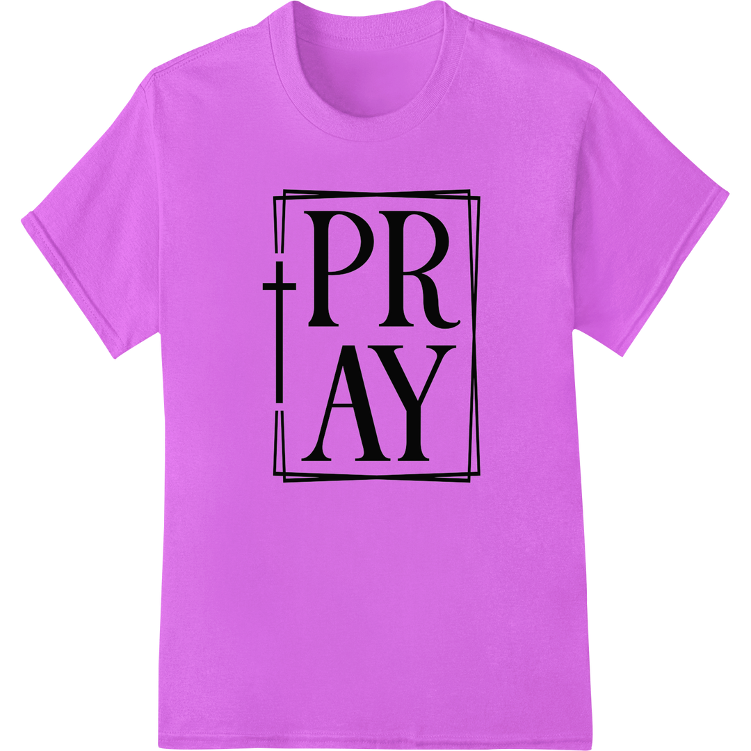 Bold 'PRAY' DTF Print Heat Transfer | Minimalist Faith Design on purple shirt - SUPERDTF-DTF Prints-DTF Transfers-Custom DTF Prints