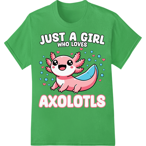 Adorable Axolotl Love: Cute Cartoon Animal DTF Print on green shirt - SUPERDTF-DTF Prints-DTF Transfers-Custom DTF Prints