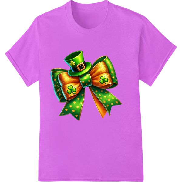 Vibrant Shamrock Bow: Festive St. Patrick's Day DTF Print on purple shirt - SUPERDTF-DTF Prints-DTF Transfers-Custom DTF Prints