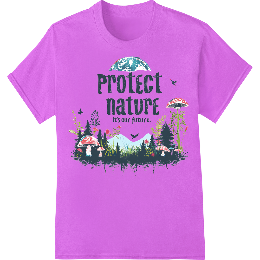 Enchanting Earth Day Mushroom Houses DTF Print Transfer on purple shirt - SUPERDTF-DTF Prints-DTF Transfers-Custom DTF Prints