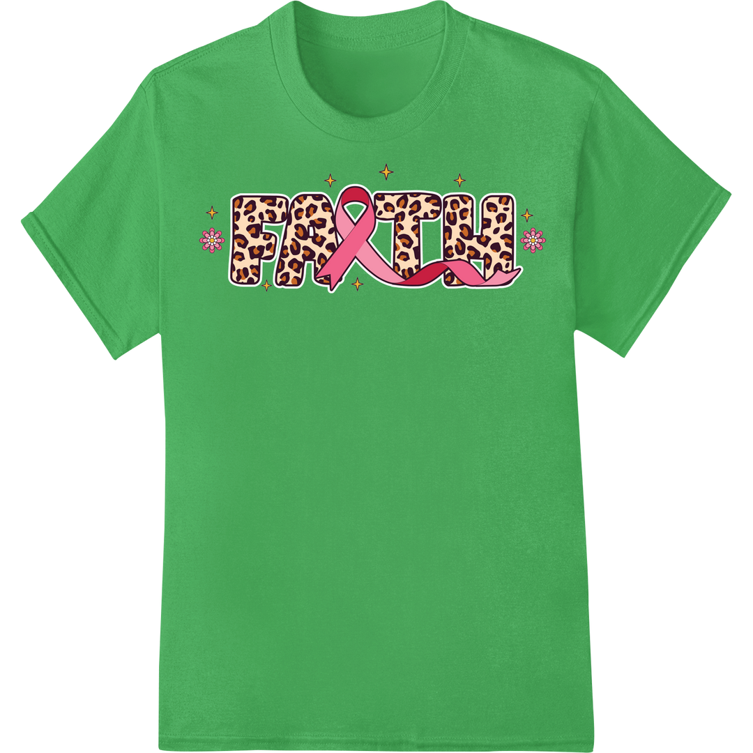 Fierce Leopard Print Pink Ribbon Cancer Awareness DTF Print on green shirt - SUPERDTF-DTF Prints-DTF Transfers-Custom DTF Prints