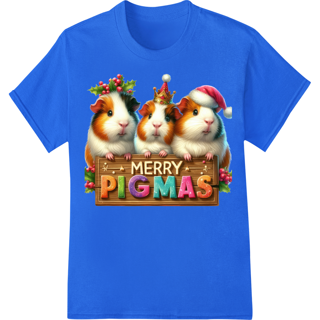 Adorable 'Merry Pigmas' Guinea Pig Christmas DTF Print on blue shirt - SUPERDTF-DTF Prints-DTF Transfers-Custom DTF Prints