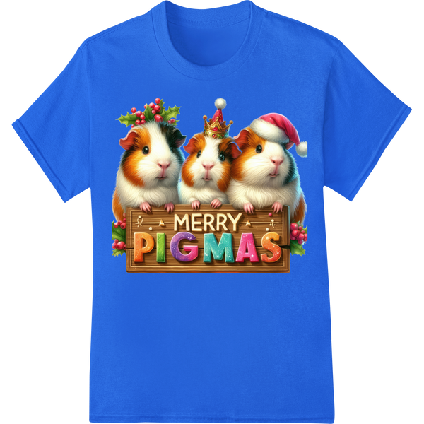 Adorable 'Merry Pigmas' Guinea Pig Christmas DTF Print on blue shirt - SUPERDTF-DTF Prints-DTF Transfers-Custom DTF Prints