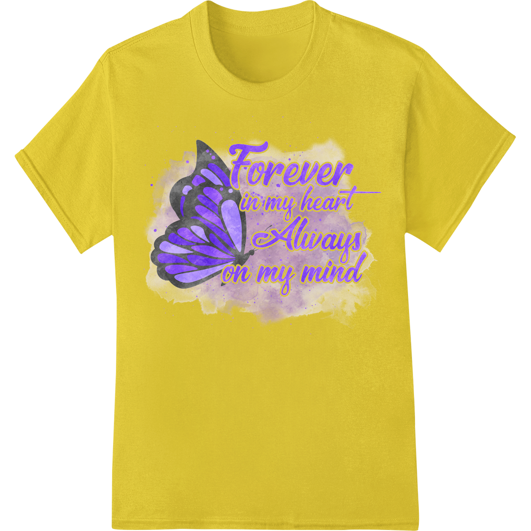 Alzheimer's Awareness Purple Butterfly Heart DTF Print on yellow shirt - SUPERDTF-DTF Prints-DTF Transfers-Custom DTF Prints