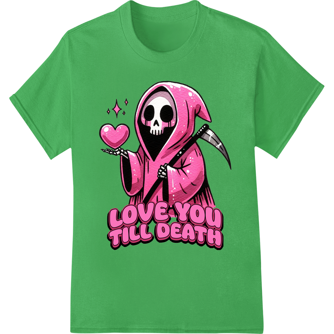 Morbid Love: Grim Reaper Valentine's Day DTF Print Transfer on green shirt - SUPERDTF-DTF Prints-DTF Transfers-Custom DTF Prints