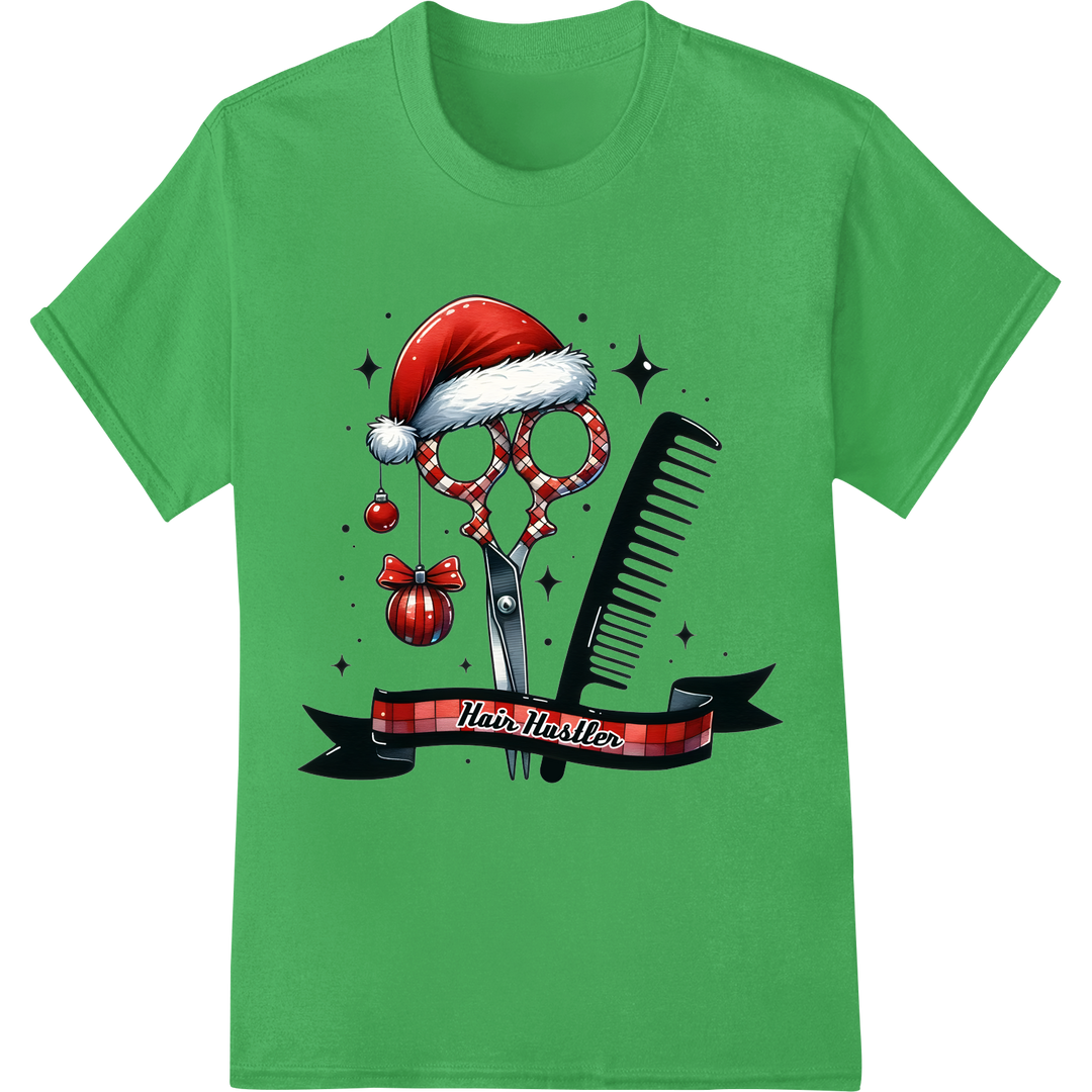 Festive Hair Stylist Santa Hat | Salon Christmas DTF Print on green shirt - SUPERDTF-DTF Prints-DTF Transfers-Custom DTF Prints