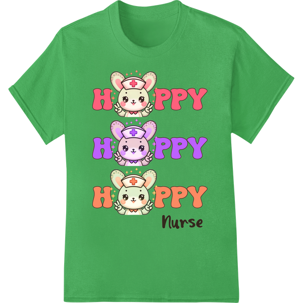 Adorable Happy Nurse Bunny Kawaii Easter DTF Print Transfer on green shirt - SUPERDTF-DTF Prints-DTF Transfers-Custom DTF Prints