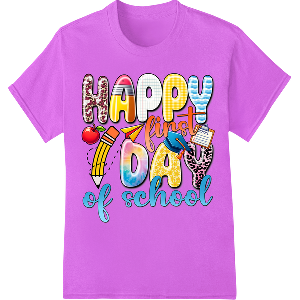 Vibrant 'Happy First Day of School' DTF Transfer Print on purple shirt - SUPERDTF-DTF Prints-DTF Transfers-Custom DTF Prints