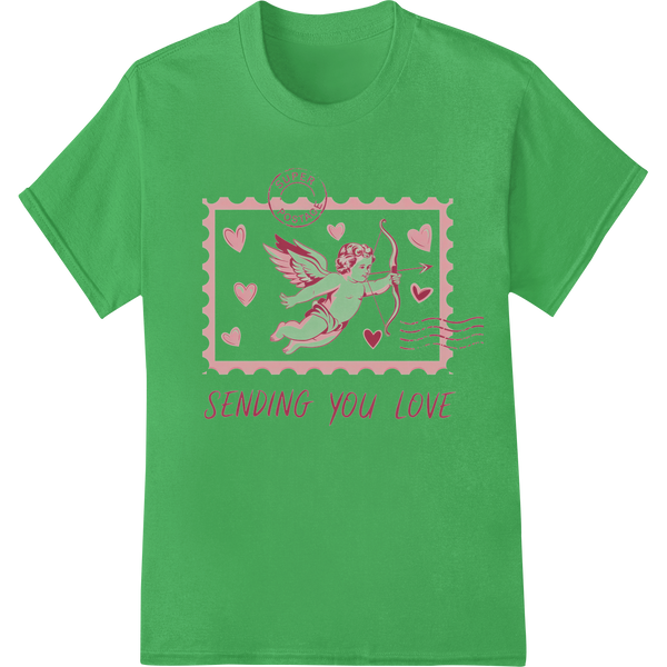 Vintage Valentine Stamp DTF Print: Sending Love Your Way on green shirt - SUPERDTF-DTF Prints-DTF Transfers-Custom DTF Prints