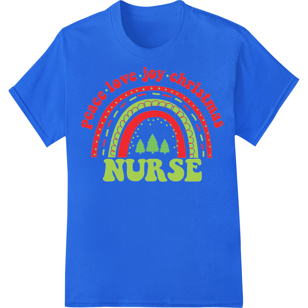 Retro Christmas Nurse DTF Transfer: Peace, Love & Joy on blue shirt - SUPERDTF-DTF Prints-DTF Transfers-Custom DTF Prints