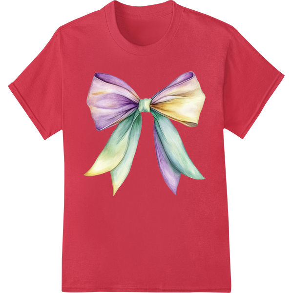 Vibrant Watercolor Mardi Gras Bow - Festive DTF Print Transfer on red shirt - SUPERDTF-DTF Prints-DTF Transfers-Custom DTF Prints