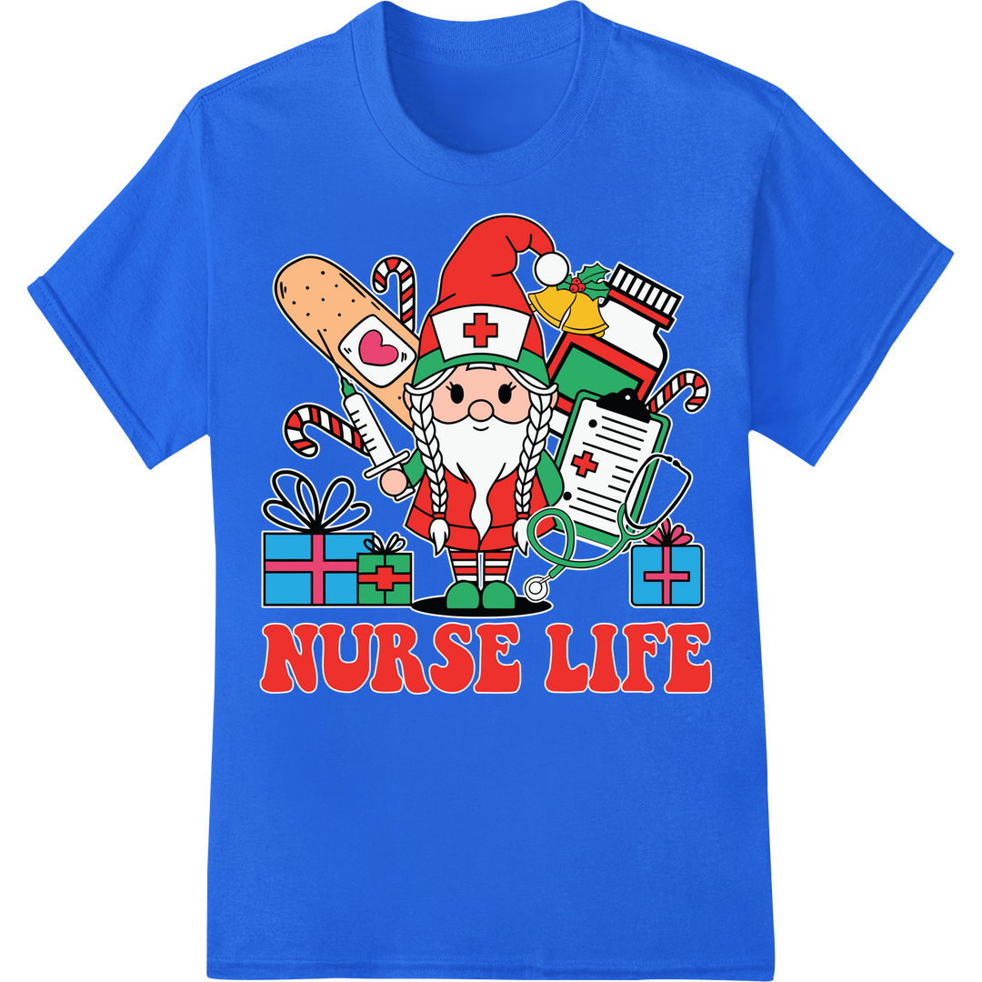 Retro Christmas Nurse | Festive Holiday DTF Print Heat Transfer on blue shirt - SUPERDTF-DTF Prints-DTF Transfers-Custom DTF Prints