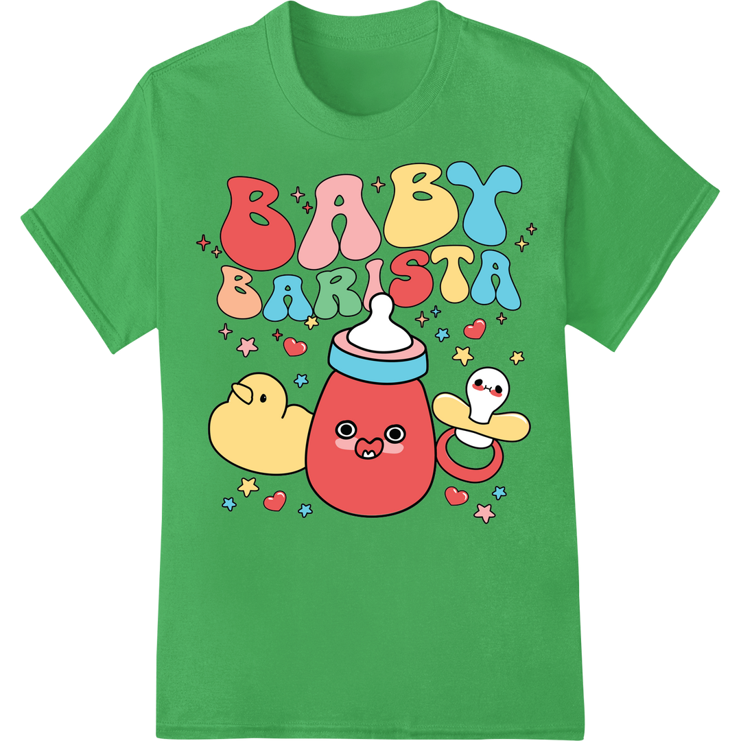 Adorable Baby Barista Christmas DTF Print Heat Transfer on green shirt - SUPERDTF-DTF Prints-DTF Transfers-Custom DTF Prints