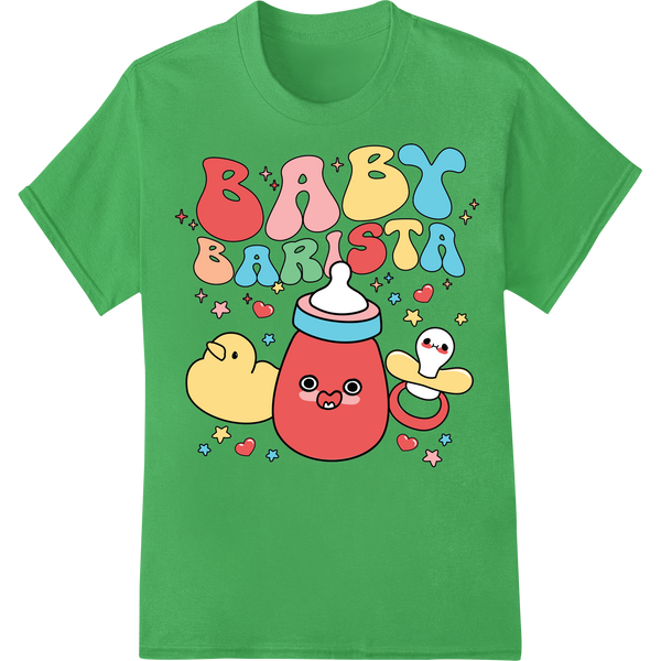 Adorable Baby Barista Christmas DTF Print Heat Transfer on green shirt - SUPERDTF-DTF Prints-DTF Transfers-Custom DTF Prints