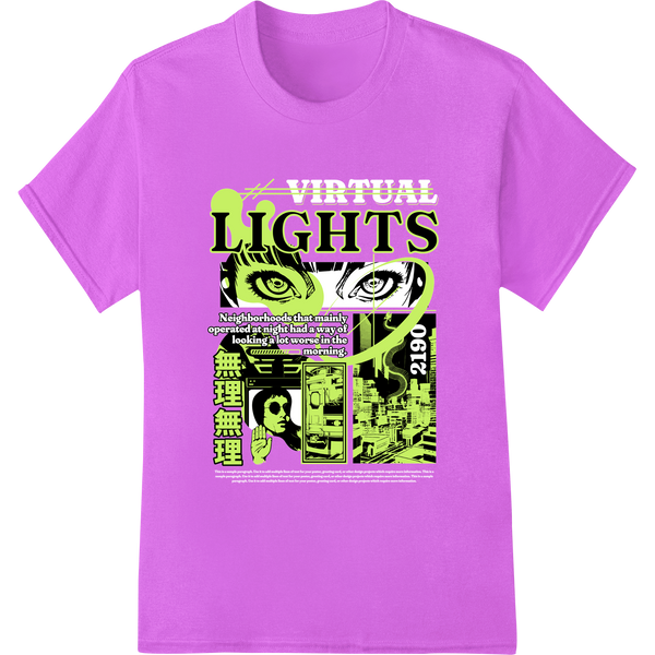 Futuristic 'LIGHTS' Green Graphic Digital Art Heat Transfer made with premium DTF heat transfers