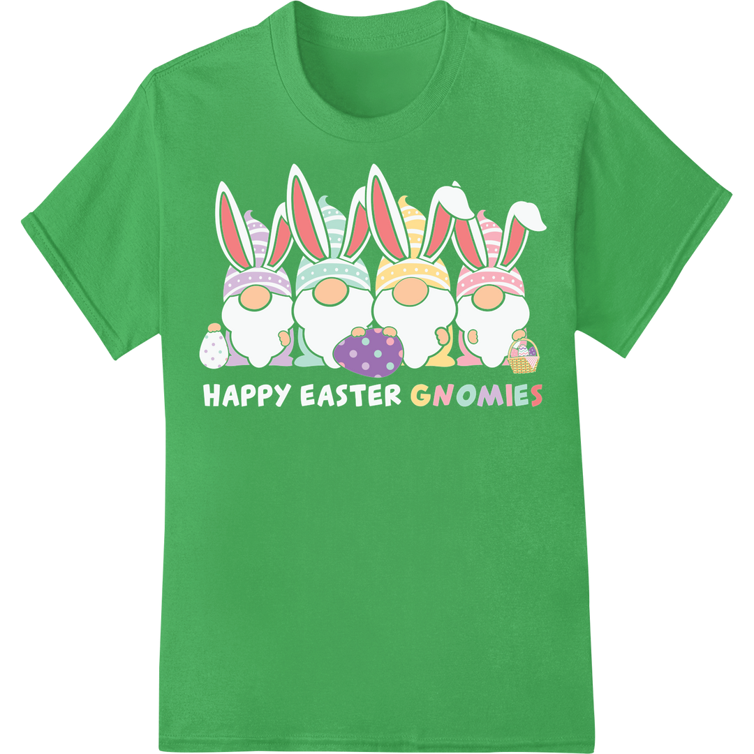 Adorable 'GNOMIES' Easter Print - Festive Gnomes & Bunnies on green shirt - SUPERDTF-DTF Prints-DTF Transfers-Custom DTF Prints