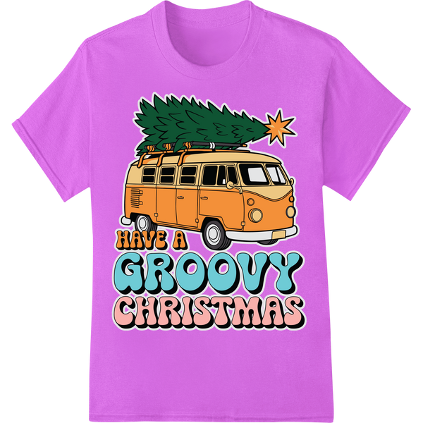 Retro VW Van Groovy Christmas DTF Print Heat Transfer on purple shirt - SUPERDTF-DTF Prints-DTF Transfers-Custom DTF Prints