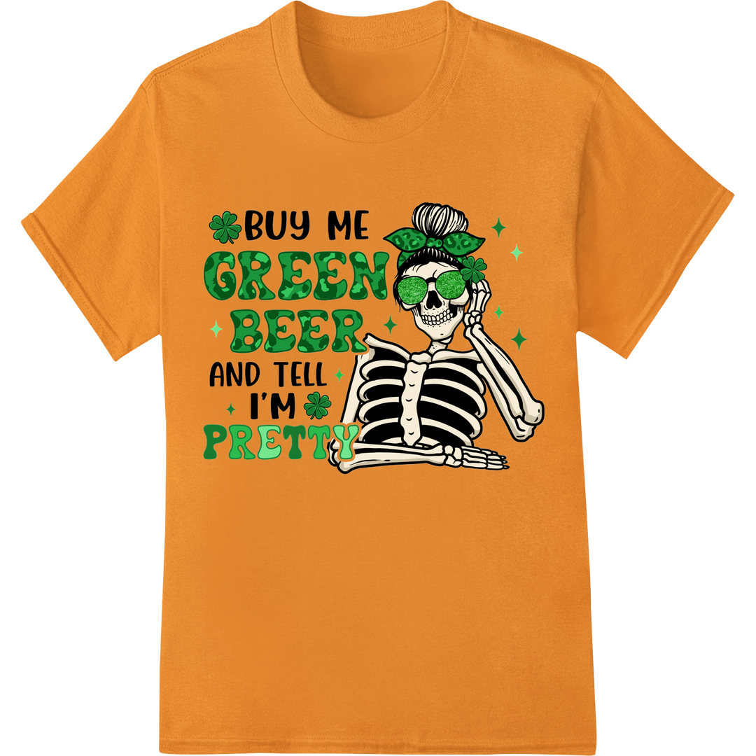 Quirky Skeleton St. Patrick's Day DTF Print Transfer on orange shirt - SUPERDTF-DTF Prints-DTF Transfers-Custom DTF Prints