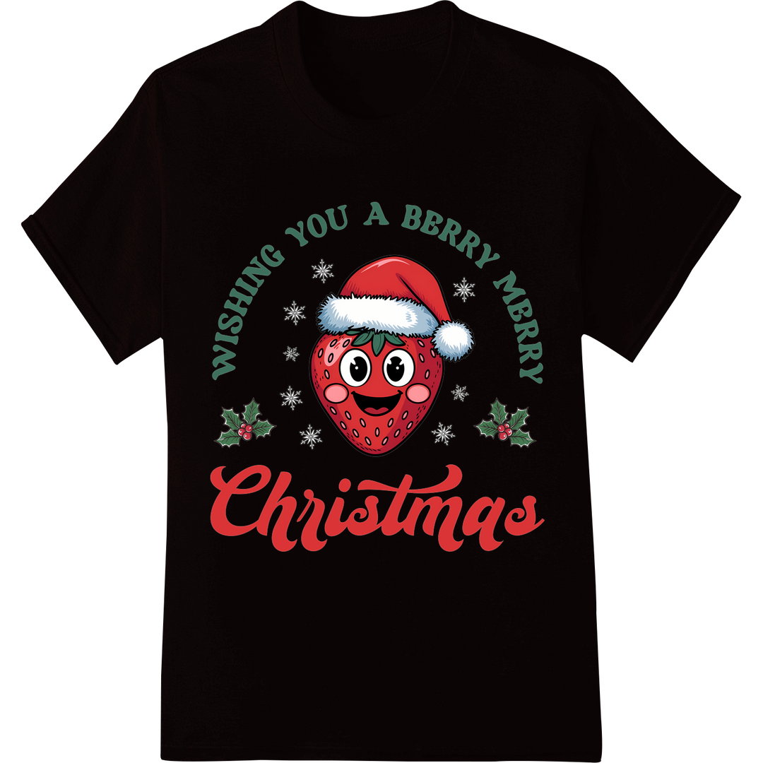 Adorable Christmas Strawberry Santa Hat DTF Transfer Print on black shirt - SUPERDTF-DTF Prints-DTF Transfers-Custom DTF Prints